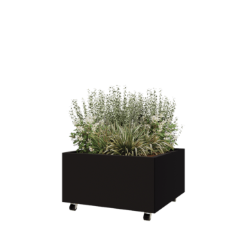 Саксии за цветя от стомана - Квадрат - 80 x 80 x 40 cm - RAL9005 матов (черен) - Със основа - Със колела