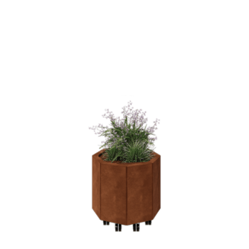 Саксии за цветя от кортенова стомана - Осмоъгълник - 48,3 x 48,3 x 40 cm - Със основа - Със колела