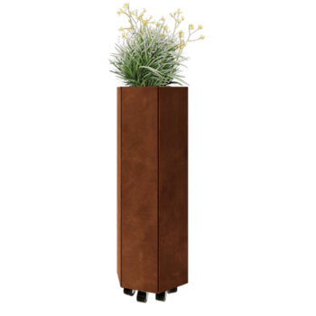 Саксии за цветя от кортенова стомана - Шестоъгълник - 39,3 x 34,6 x 100 cm - Със основа - Със колела