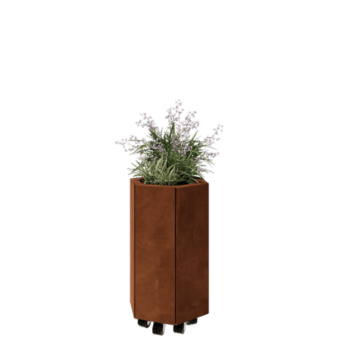 Саксии за цветя от кортенова стомана - Шестоъгълник - 39,3 x 34,6 x 60 cm - Със основа - Със колела