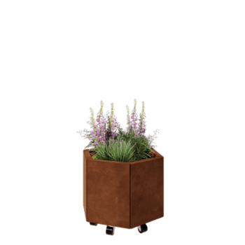 Саксии за цветя от кортенова стомана - Шестоъгълник - 59,3 x 52 x 40 cm - Със основа - Със колела