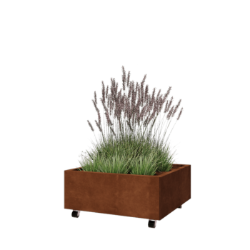 Саксии за цветя от кортенова стомана - Квадрат - 80 x 80 x 30 cm - Със основа - Със колела
