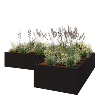 Саксии за цветя от стомана - Г-образна форма - 360 x 240 x 60 cm - RAL9005 матов (черен) - Със основа