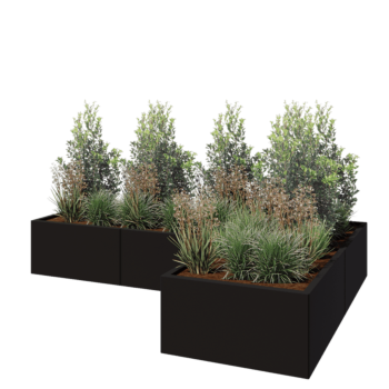 Саксии за цветя от стомана - Г-образна форма - 240 x 160 x 40 cm - RAL9005 матов (черен) - Със основа