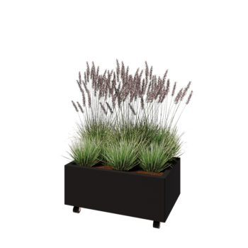 Саксии за цветя от стомана - Правоъгълник - 80 x 50 x 30 cm - RAL9005 матов (черен) - Със основа - Със колела