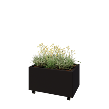 Саксии за цветя от стомана - Правоъгълник - 80 x 50 x 40 cm - RAL9005 матов (черен) - Със основа - Със колела