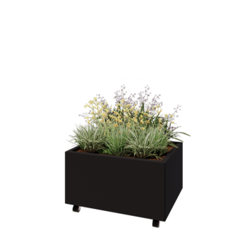 Саксии за цветя от стомана - Правоъгълник - 80 x 60 x 40 cm - RAL9005 матов (черен) - Със основа - Със колела