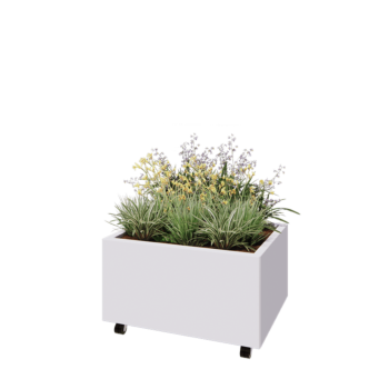 Саксии за цветя от стомана - Правоъгълник - 80 x 60 x 40 cm - RAL9010 матов (бял) - Със основа - Със колела