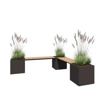 Саксии за цветя от стомана - Квадрат - Ъглова подредба - 221,2 x 221,2 x 50 cm - RAL7016 матов (антрацитено сиво) - Със основа - C пейка