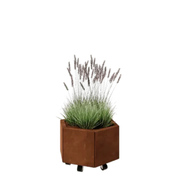 Саксии за цветя от кортенова стомана - Шестоъгълник - 59,3 x 52 x 30 cm - Със основа - Със колела