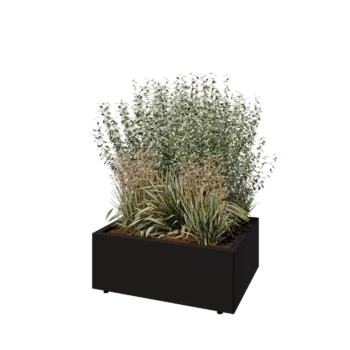 Саксии за цветя от стомана - Правоъгълник - 80 x 60 x 30 cm - RAL9005 матов (черен) - Със основа - Със крака